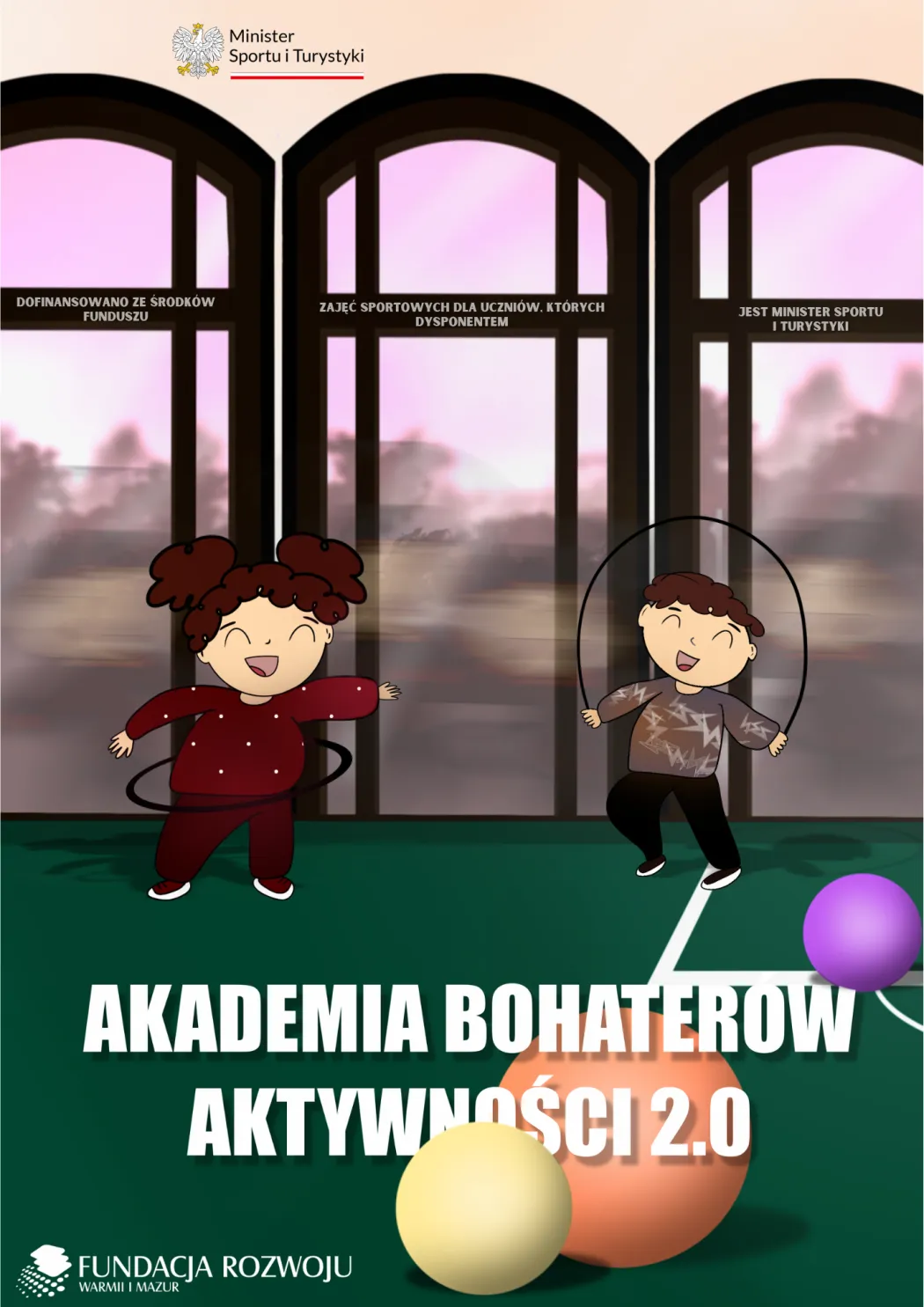 dzieci uprawiające sport - dziewczynka i chłopiec. Dziewczynka kręci hula hop, a chłopiec skacze przez skakankę. Są na sali sportowej. Obraz utrzymany jest w  ciemnej tonacji. 